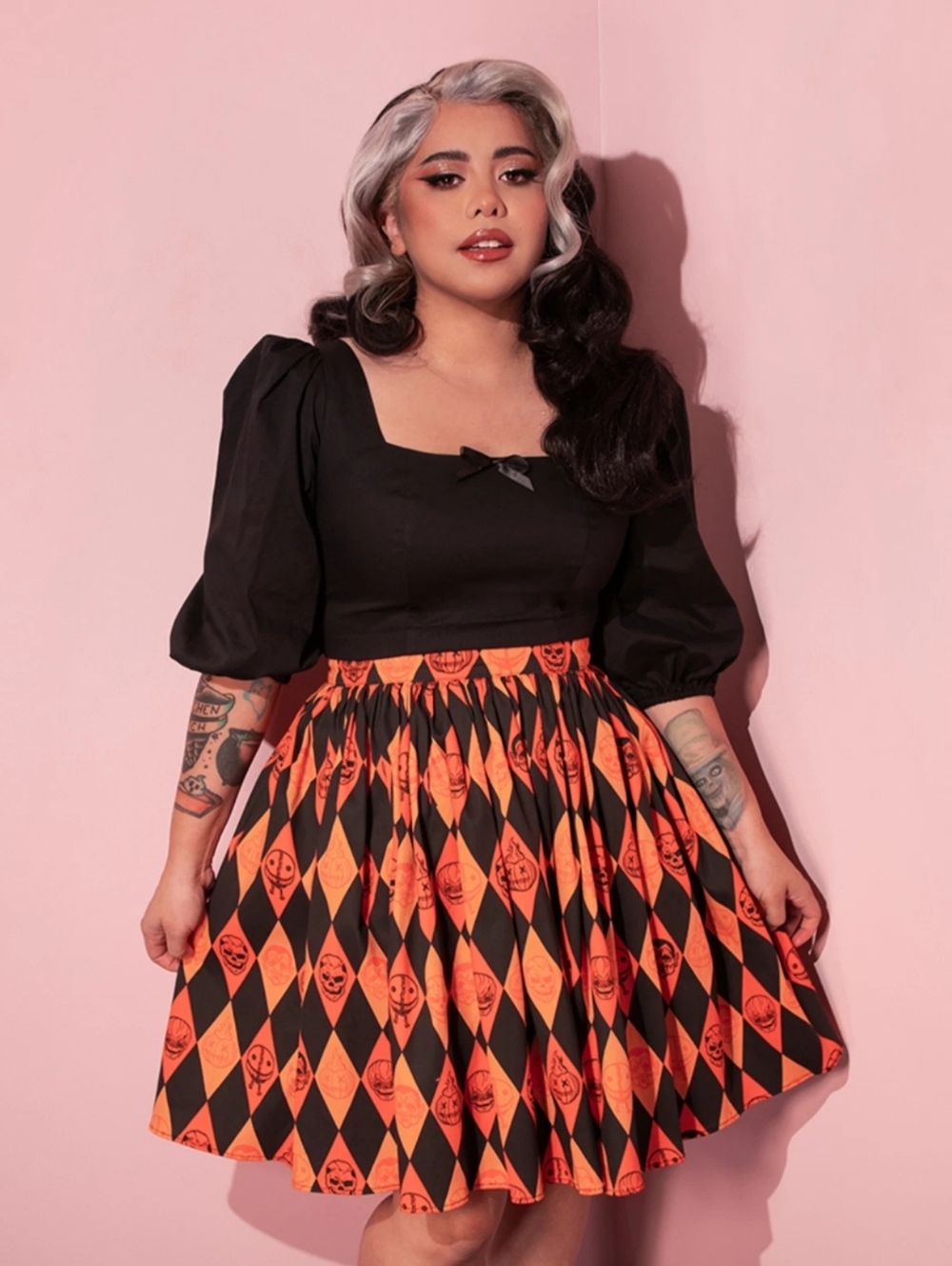 Vixen by Micheline Pitt Trick R Treat Sam Harlequin Pumpkin Skater Skirt, 3x NWT